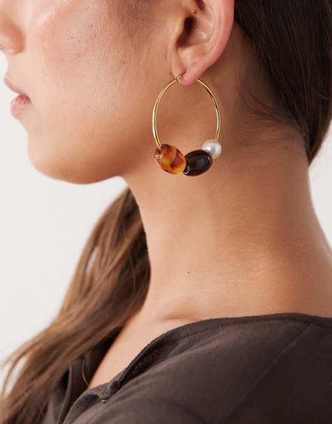 Petit Moments pearl and brown bead hoop earrings in gold - view 1