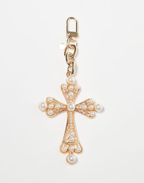 Petit Moments pearl embellished cross bag charm in gold - view 1