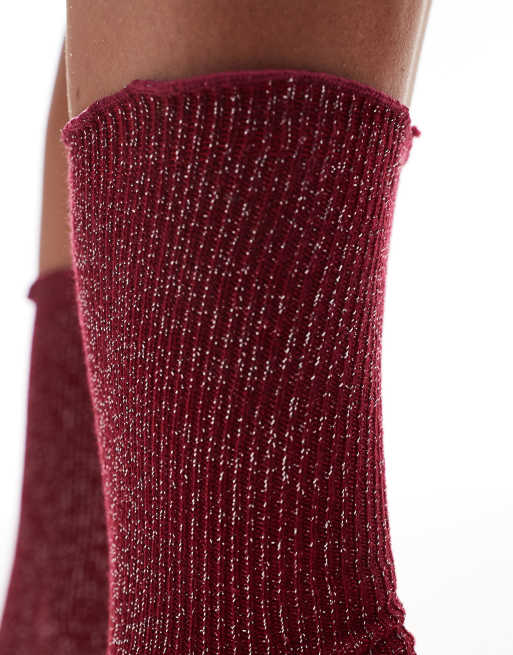 Petit Moments ruffle shimmer ankle socks in burgundy, 2 of 4