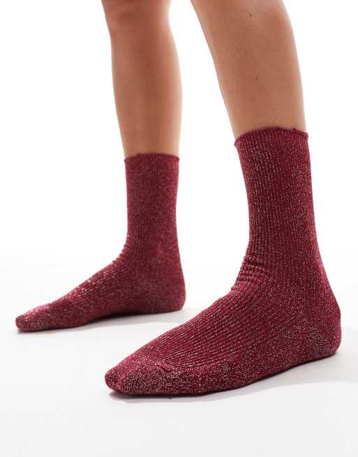 Petit Moments ruffle shimmer ankle socks in burgundy, 4 of 4