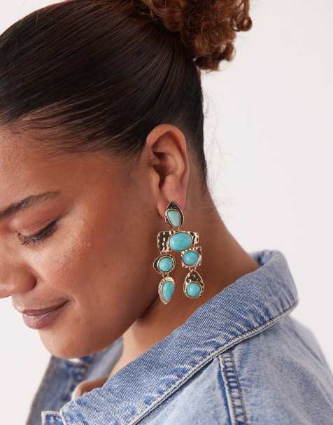 Petit Moments statement earrings in gold and turquoise stone - view 1