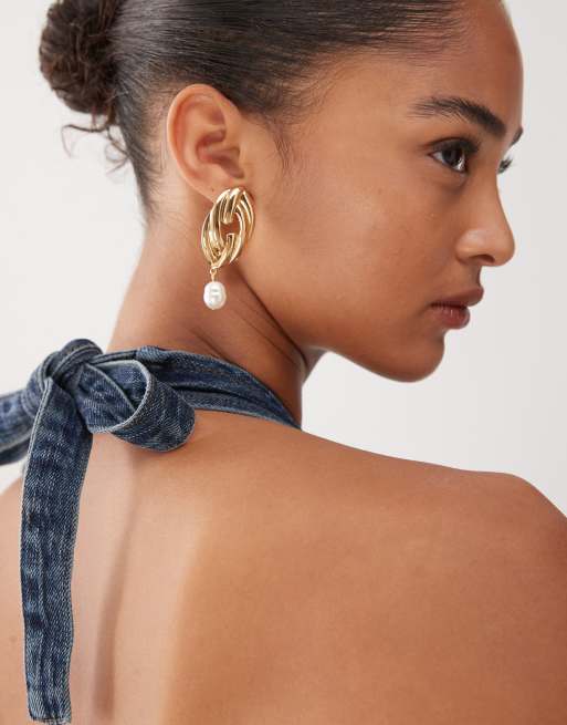 Petit Moments vintage twist pearl drop earrings in gold 