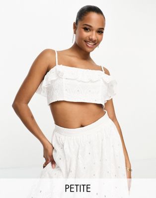 Petite co-ord broderie bandeau frilly crop top in white