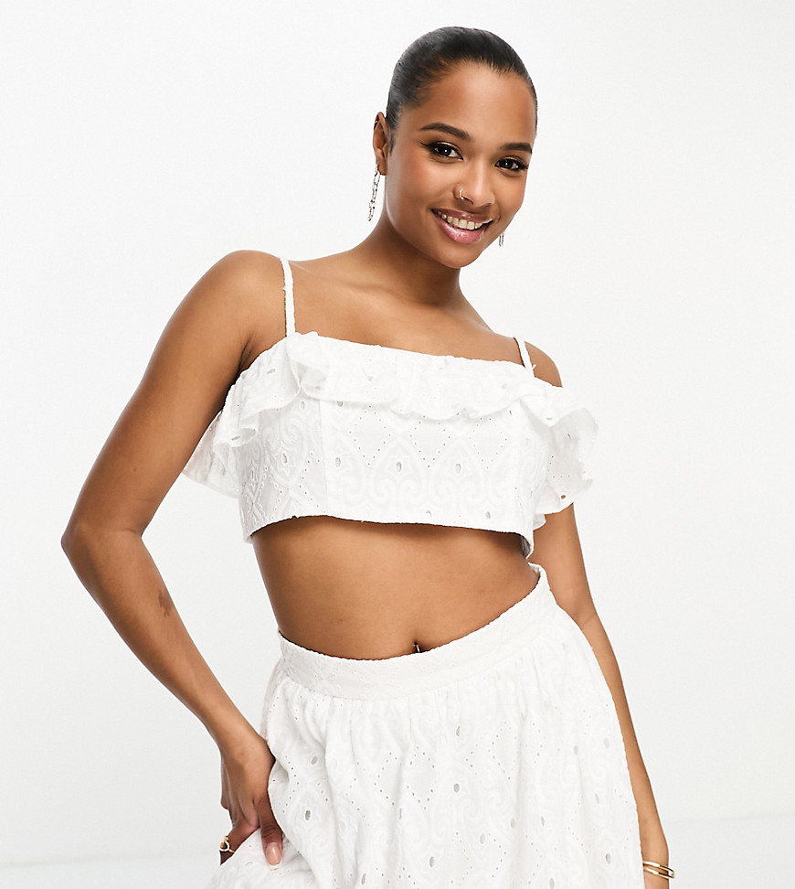 Petite co-ord broderie bandeau frilly crop top in white