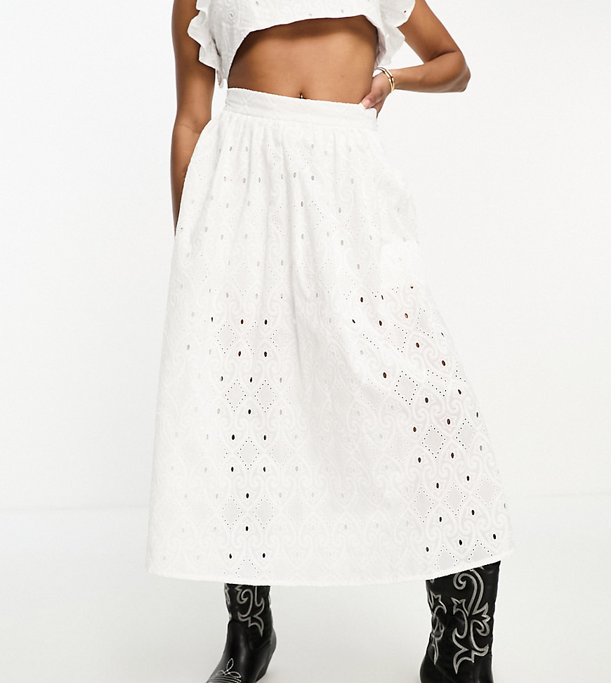 Petite co-ord broderie midi skirt in white