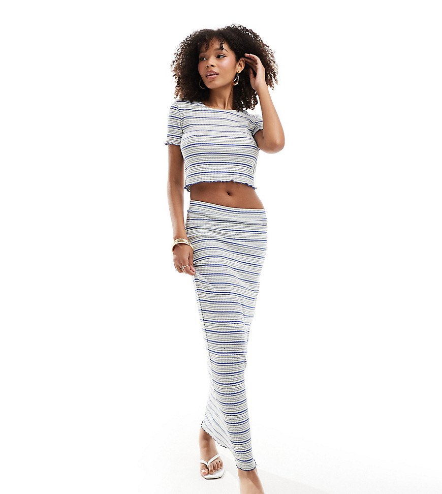 Piece lettuce egded column maxi skirt co-ord in grey and blue stripe-Multi