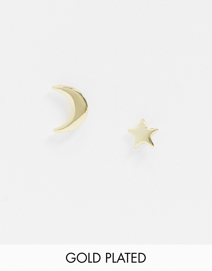 Pieces – 18K guldpläterade stiftörhängen med måne och stjärna