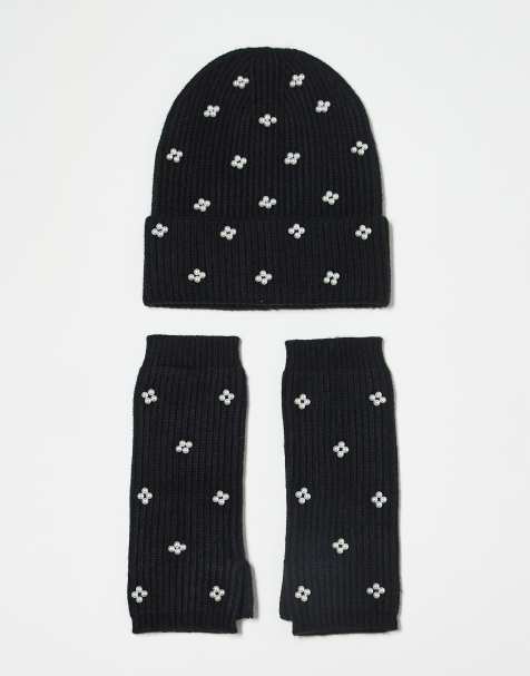 Pieces - 2-delige cadeauset met beanie en armwarmers in zwart met pareltjes - view 1