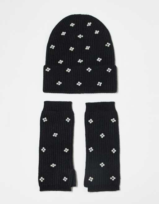 Pieces - 2-delige cadeauset met beanie en armwarmers in zwart met pareltjes