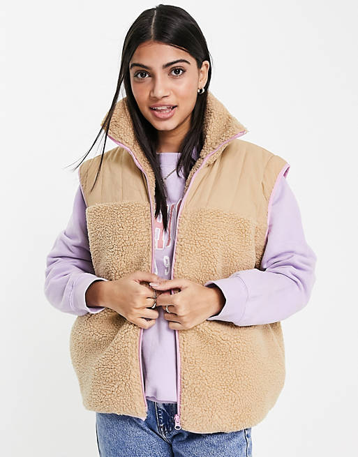 Coats & Jackets Pieces 2 in 1 teddy jacket with contrast zip in beige 