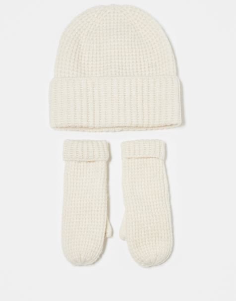 Pieces 2 pack gift set textured beanie hat and mittens in cream - view 1