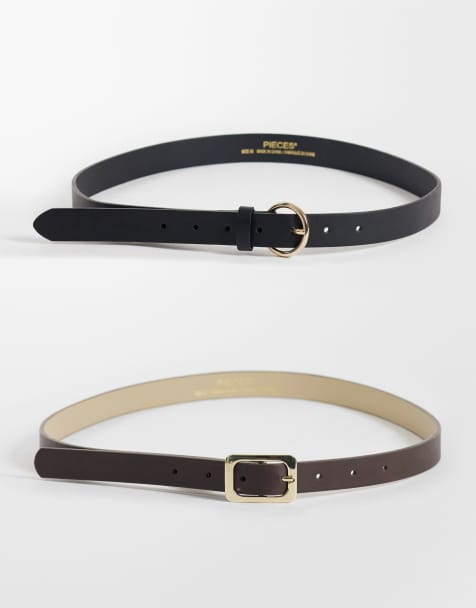 Pieces 2 pack gold buckle belt in black and chocolate brown - view 1