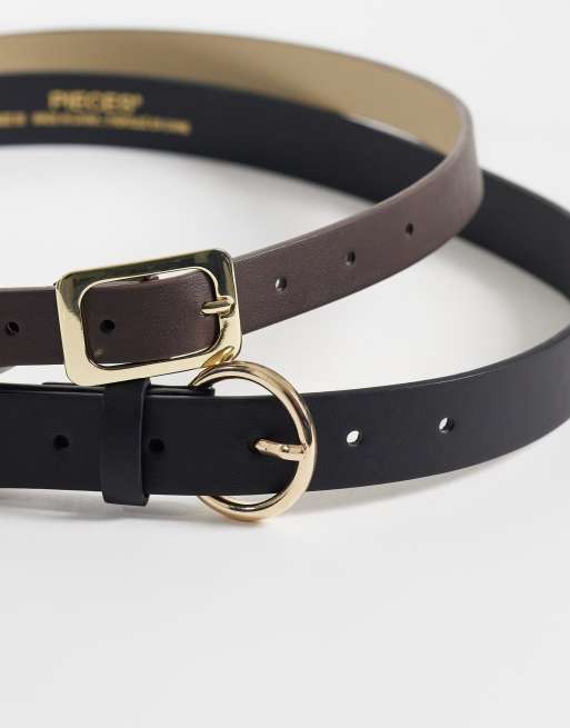 Pieces 2 pack gold buckle belt in black and chocolate brown, 2 of 3