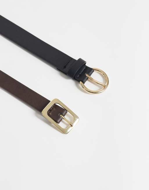 Pieces 2 pack gold buckle belt in black and chocolate brown, 3 of 3