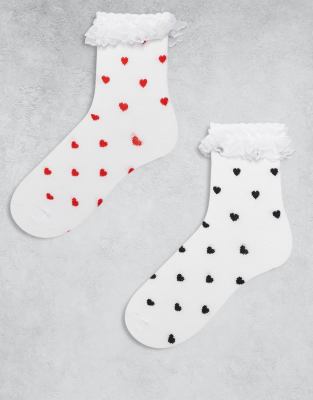 Pieces 2 Pack Heart Print Frill Socks In White