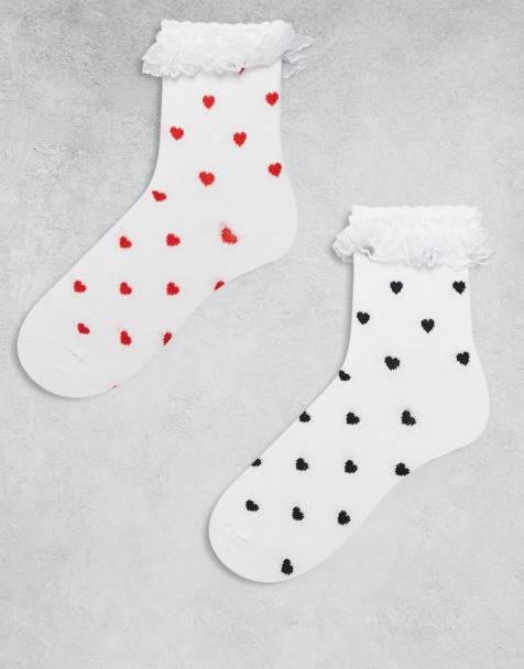 Pieces 2 pack heart print frill socks in white - view 1