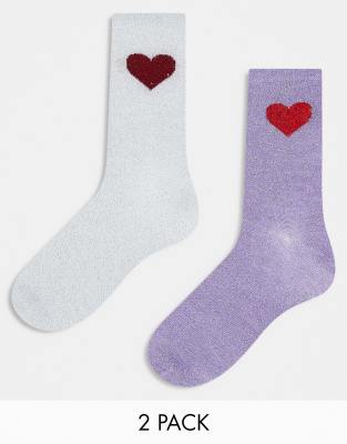 2 pack heart socks in lilac and white-Multi