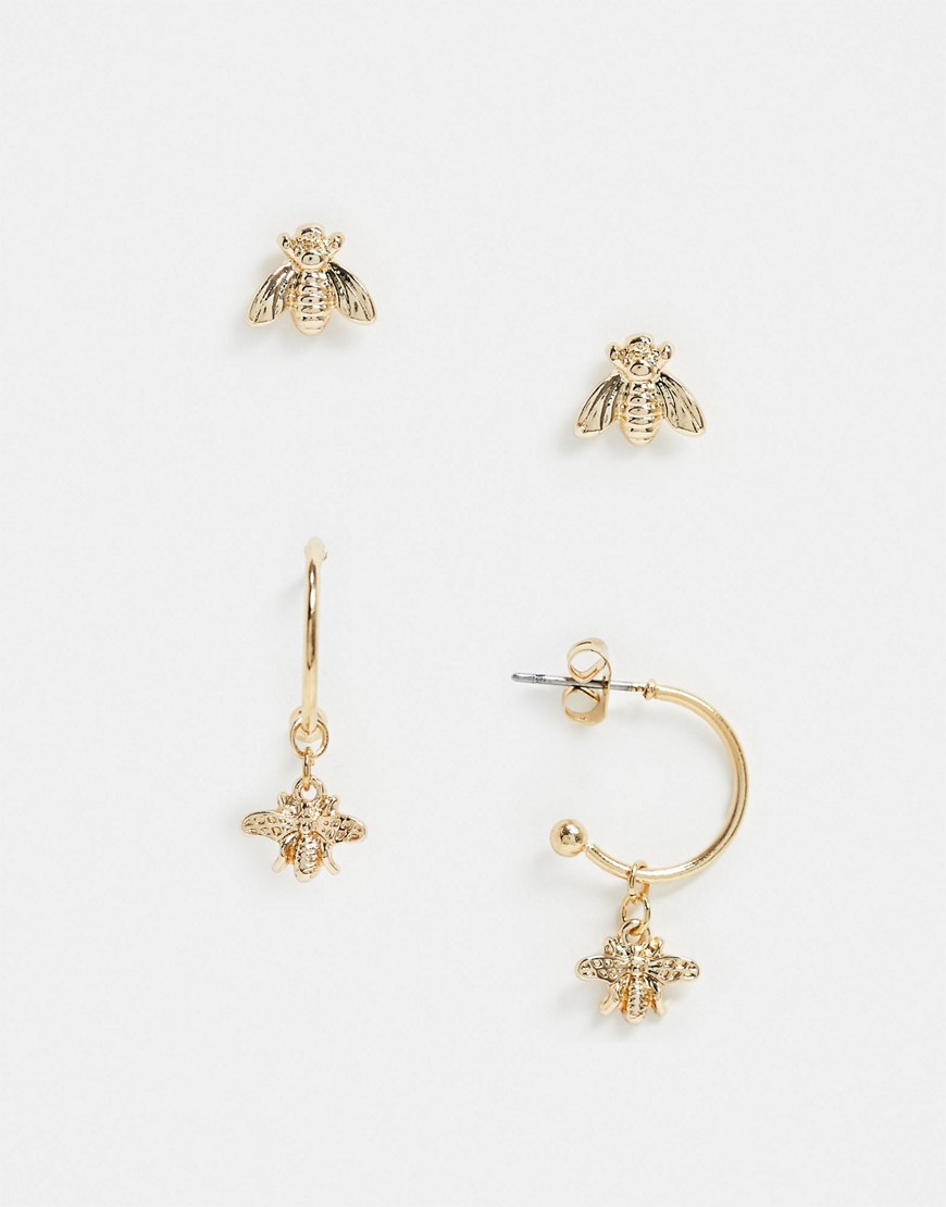 Pieces – 2-pack örhängen med creoler och stiftörhängen med bimotiv-Guld
