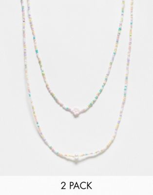 Pieces 2 Pack Small Beaded Necklaces With Pearl Detail In Multi