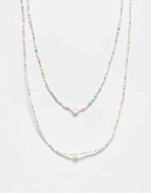 Pieces 2 pack small beaded necklaces with pearl detail in multi