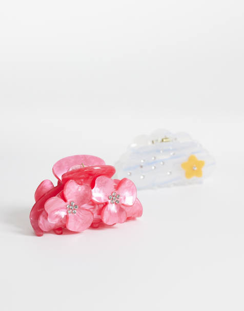 Pieces 2-pack small floral claw clips in blue and pink - view 1