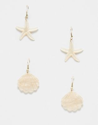 Pieces 2 pack star & shell earrings in cream