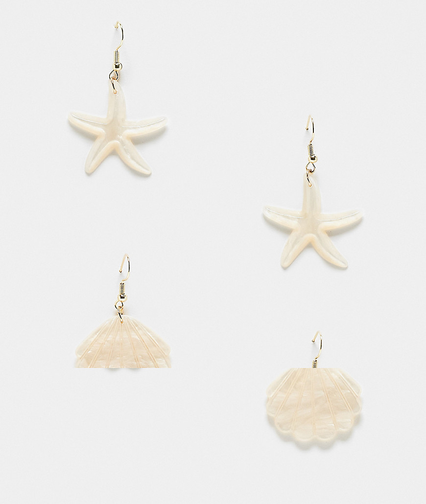 Pieces 2 pack star & shell earrings in cream-White