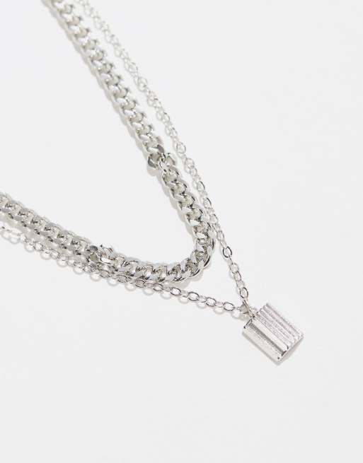Pieces 2 row necklace with square charm in silver, 2 of 3