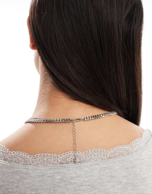 Pieces 2 row necklace with square charm in silver, 3 of 3