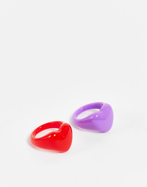 Pieces – 2er-Pack breite Herzringe in Lila & Rot