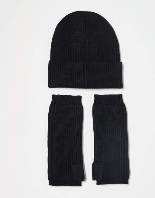Pieces – 2er-Pack Geschenksets mit aus Mütze und Armstulpen, eins in Schwarz, das andere in Schwarz mit Zierperlen, 3 von 3