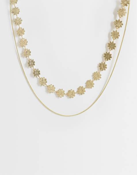 Pieces – 2er-Pack goldfarbene Halsketten im Blumen- und Kettendesign - view 1