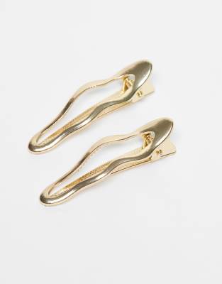 Pieces - 2er-Pack große, wellige Haarspangen in Gold-Goldfarben