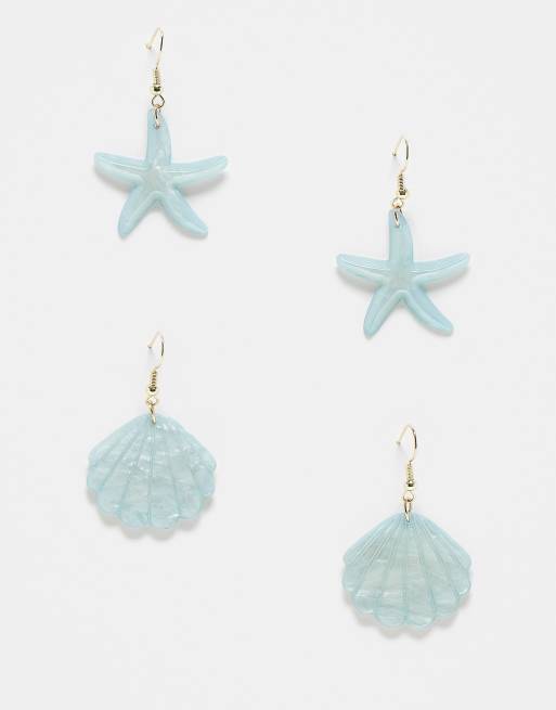 Pieces – 2er-Pack mit Stern- und Muschel-Ohrringen in Blau