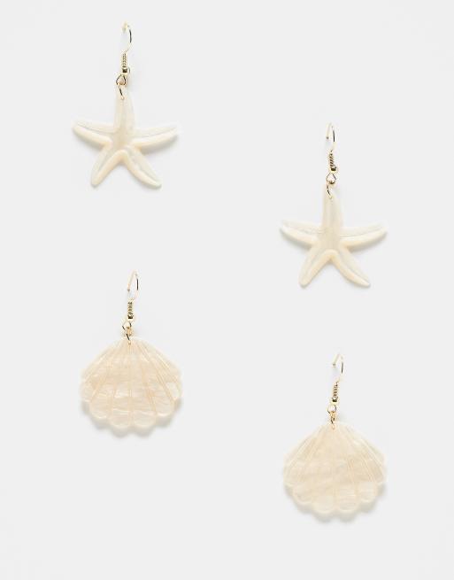 Pieces – 2er-Pack mit Stern- und Muschel-Ohrringen in Creme