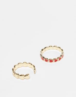 Pieces - 2er-Pack Ringe in Goldoptik und Rot mit Herz-Detail