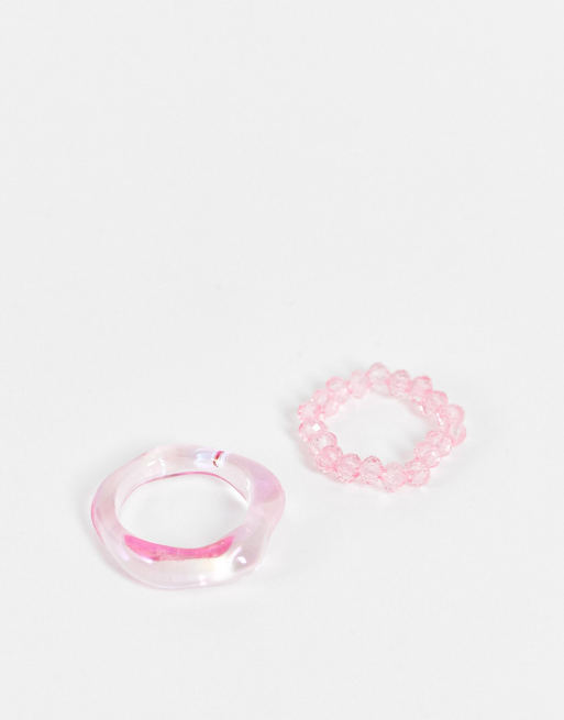Pieces – 2er-Pack Ringe mit rosa Perlen- und Acryldesign