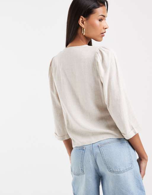 Pieces 3/4 sleeve linen blend wrap top in birch cream melange, 4 of 4