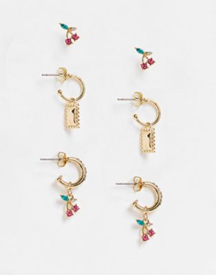 Pieces 3 pack cherry huggy and stud earrings in gold