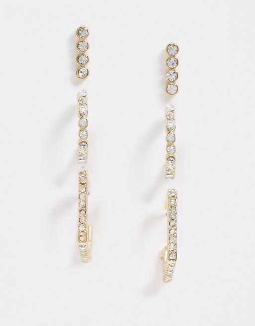 Pieces 3 pack diamante studs and hoops in gold