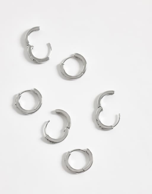 Pieces 3 pack embellished small chunky hoop earrings in silver tone, 2 of 4