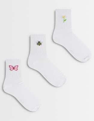 Pieces 3 Pack Embroidered Ankle Socks In White
