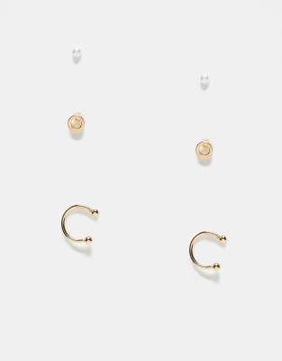 3 pack faux pearl earrings with studs and ear cuff in gold