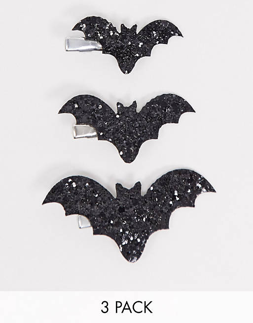 Pieces 3 pack glitter bat hair clips in black | ASOS