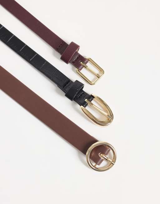 Pieces 3 pack gold buckle belts in black, brown and burgundy , 3 of 3