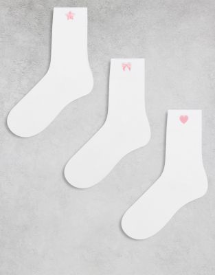 Pieces 3 Pack Gold Embroidered Socks In White