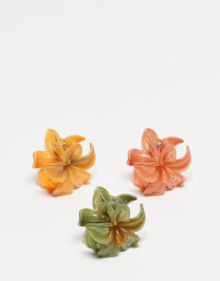 3 pack mini hawaiian flower hair claws in green and orange-Multi