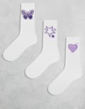 [Pieces] PIECES 3 pack of purple embroidered ankle socks in white One Size White