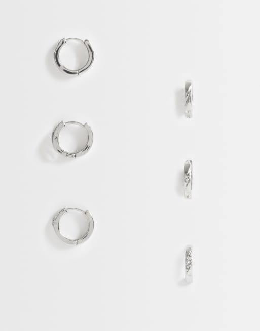 Pieces 3 pack orecchini a cerchio piccoli e spessi con decorazioni, color argento, 1 di 4