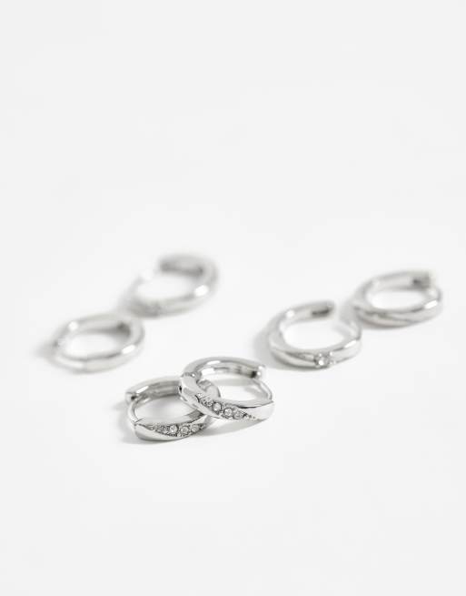 Pieces 3 pack orecchini a cerchio piccoli e spessi con decorazioni, color argento, 3 di 4